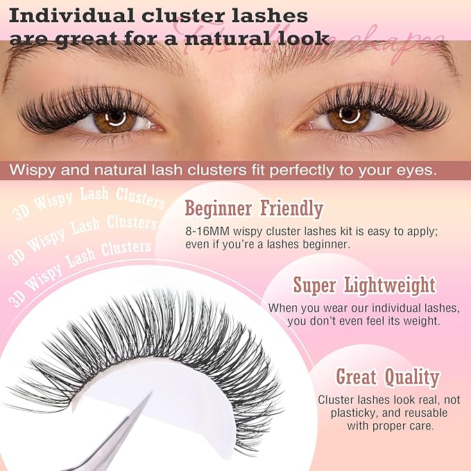 Natural DIY Lash Extension Kit Wispy Lash Clusters D Individual Lashes 20D+30D 280Pcs Lash Clusters Kit 8-16mm Eyelash Extension Kit by FANXITON