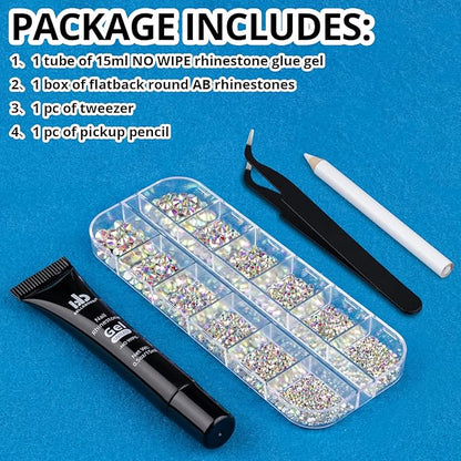Nail Art Rhinestone Glue Gel&1 Box Flatback Gems Kit, 1 Tube of 15ml Rhinestone Gel Glue(UV/LED Needed)+Crystal AB Gems with Pickup Tools