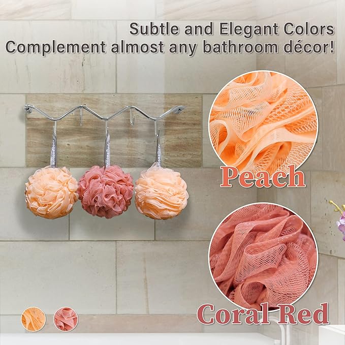 myHomeBody Large 70g Loofah Sponge, Body Scrubber, Bath Sponge, Loofah for Women, Men, Exfoliating Sponge Shower Pouf with Activated Charcoal - 2 Peach + 1 Coral Red, 3 Pack