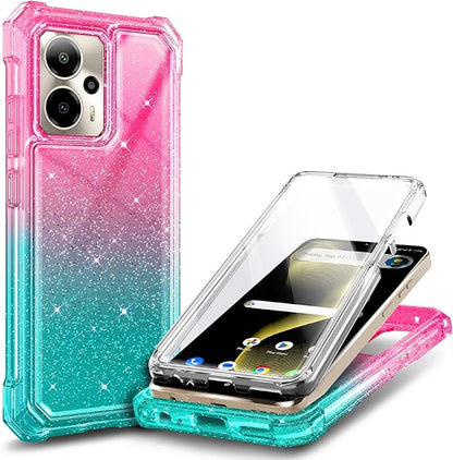for Cricket Outlast 5G 2024 Case, AT&T Motivate Pro 5G with [Built-in Screen Protector], [9FT Military Grade Drop Tested] Full-Body Protective Shockproof Bumper Case (Glitter Pink/Aqua)