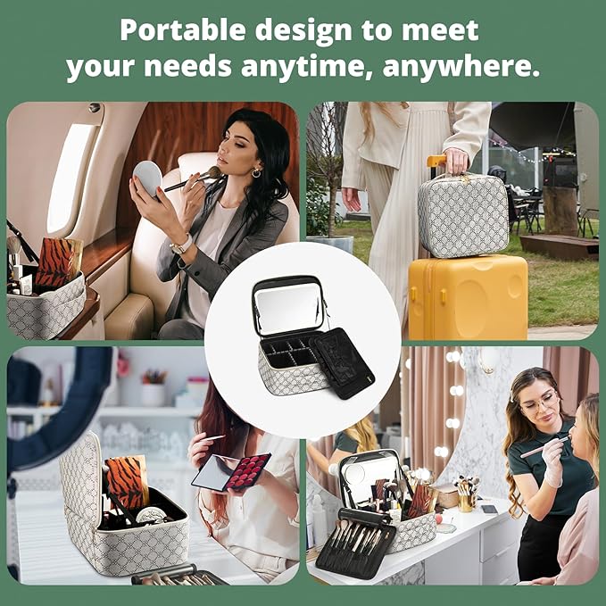 Omobolanle Makeup Bag with Mirror Led Light Detachable Portable Makeup Organizer Travel Train Case with Adjustable Dividers and 10x Magnifying Mirror Cosmetic Toiletry Bag White/Grey