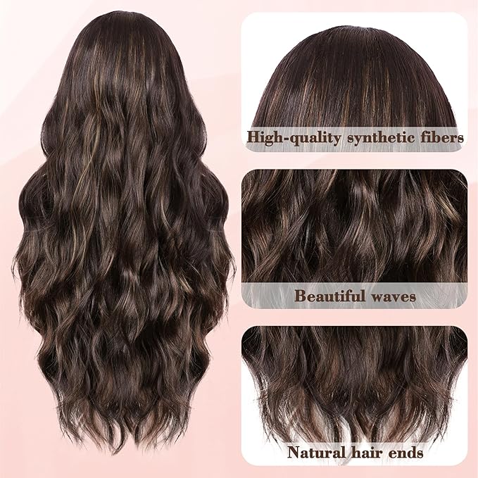 NAYOO Long Dark Brown Mixed Chestnut Wavy Wig for Women 26 Inch Middle Part Lace Hairline Curly Wavy Wig Natural Looking Synthetic Heat Resistant Fiber Wig for Daily Party Use