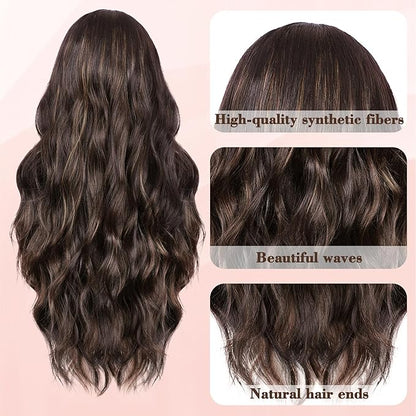 NAYOO Long Dark Brown Mixed Chestnut Wavy Wig for Women 26 Inch Middle Part Lace Hairline Curly Wavy Wig Natural Looking Synthetic Heat Resistant Fiber Wig for Daily Party Use