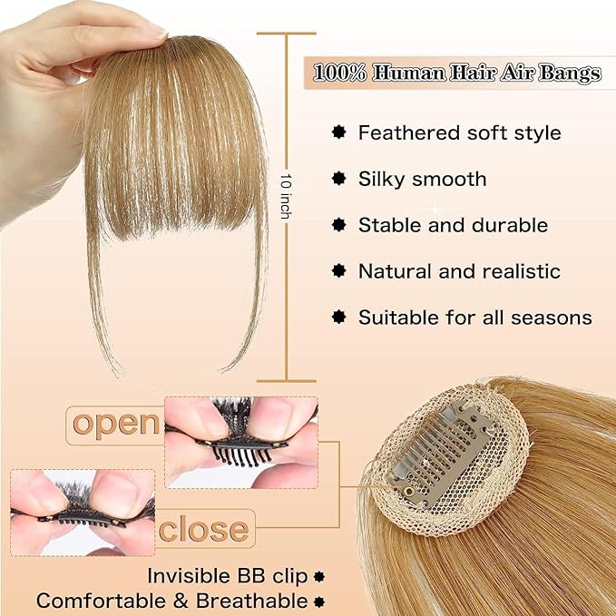 NAYOO Wispy Bangs Hair Clip -Blonde 100% Real Human Hair Clip in Bangs for Women Fringe with Temples Hairpieces for Daily Wear
