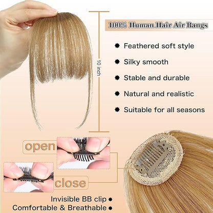 NAYOO Wispy Bangs Hair Clip -Blonde 100% Real Human Hair Clip in Bangs for Women Fringe with Temples Hairpieces for Daily Wear