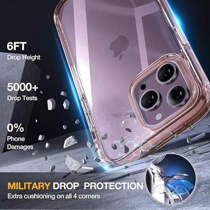 Miracase Glass Series for iPhone 14 Pro Case 6.1 Inch, Full-Body Clear Bumper Case with Built-in 9H Tempered Glass Screen Protector, with Camera Lens Protector, Clear Pink