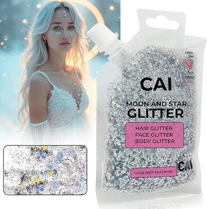 Hair Glitter Gel; Body Glitter & Face Glitter for Women/Kids (Large 3 Oz Silver) Moon & Stars; Iridescent Holograph Cosmetic Grade- Apply Without Glue, Easy to Take Off Keeps Skin Clean