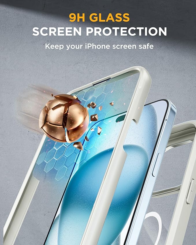 Miracase Glass Series for iPhone 15 Case [Compatible with MagSafe] Full-Body Magnetic Bumper Case with Built-in 9H Tempered Glass Anti-Fingerprint Screen Protector + Camera Lens Protector, White