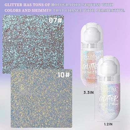 DAGEDA 2Colors Roll-on Body Glitter Gel for Body, Hair, Face, Holographic Glitter Makeup for Rave Accessories, Body Shimmer for Halloween Makeup(Fantasy + Ocean Glow)