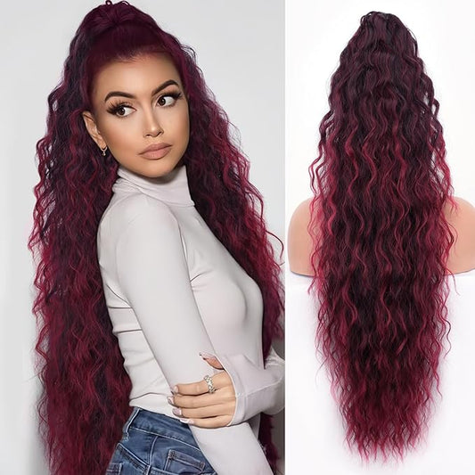ORSUNCER Ponytail Extension Claw 30" Curly Pony Tail Clip in Claw Hair Extensions Fluffy Natural Looking Synthetic Hairpiece for Women Omber Burgundy