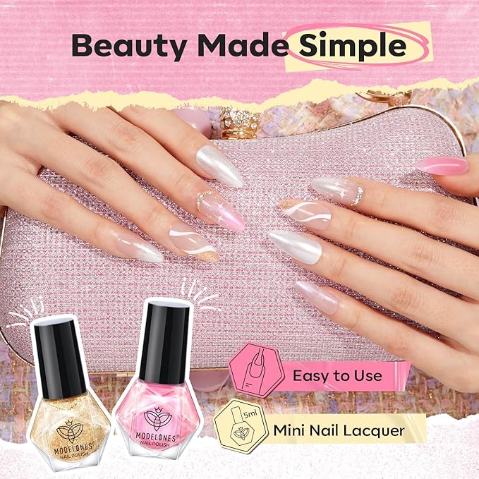 modelones Nail Polish, 6 Colors Summer Pink Gold Glitter Silvery Pearl Clear Quick Dry Mini Starter Set, Long Lasting Art DIY Manicure Kit at Home for Women Girls Wedding Gifts