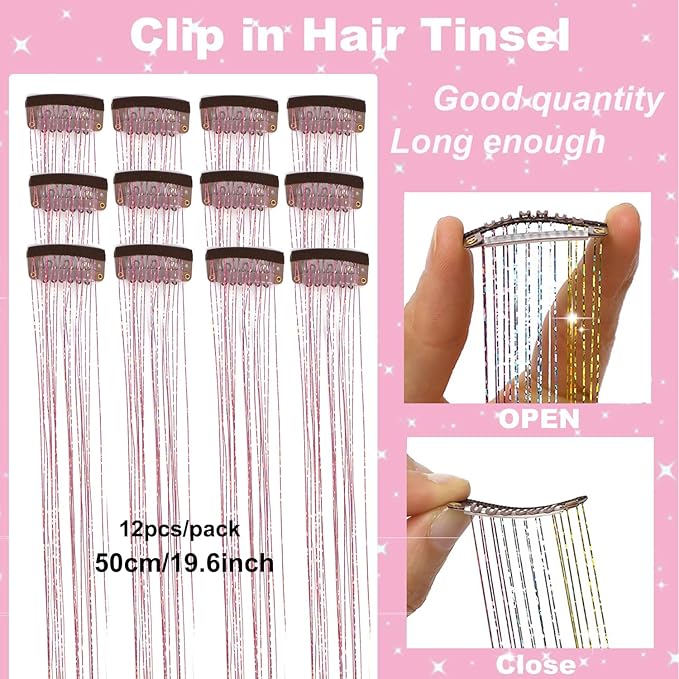 12Pcs Hair Tinsel Clip in Glitter Tinsel Hair Extensions 19.6Inch Clip in Hair Tinsel Kit Heat Resistant Shiny Sparkly Fairy Hair Accessories for Women Girls Kids (Pink)