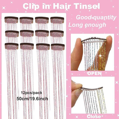 12Pcs Hair Tinsel Clip in Glitter Tinsel Hair Extensions 19.6Inch Clip in Hair Tinsel Kit Heat Resistant Shiny Sparkly Fairy Hair Accessories for Women Girls Kids (Pink)
