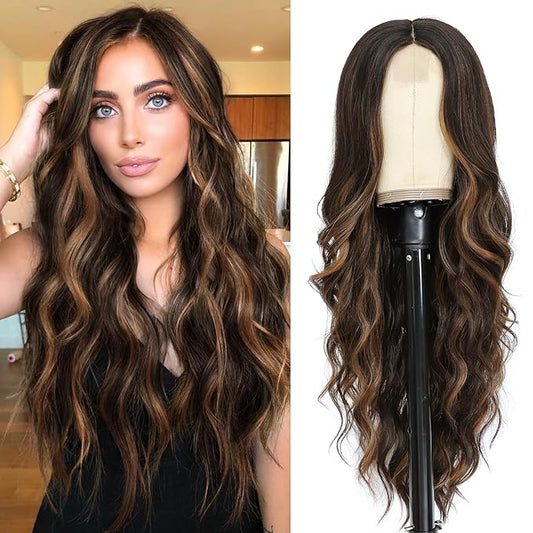 NAYOO 26 Inch Long Curly Middle Part Synthetic Heat Resistant Fiber Wig for Women - Daily Use Party Wig in Dark Brown