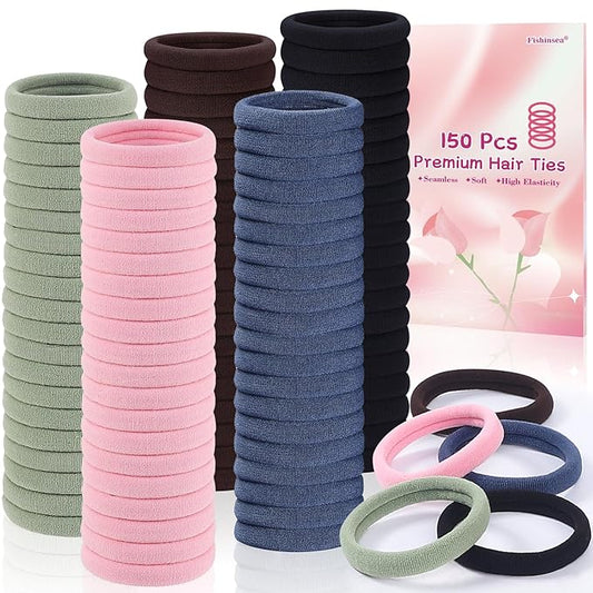 150 Pcs Elastic Hair Ties No Damage for Thick & Thin Hair, Ponytail Holders, Elastics, Soft Pony Tails Bands for Women, 5 Colors