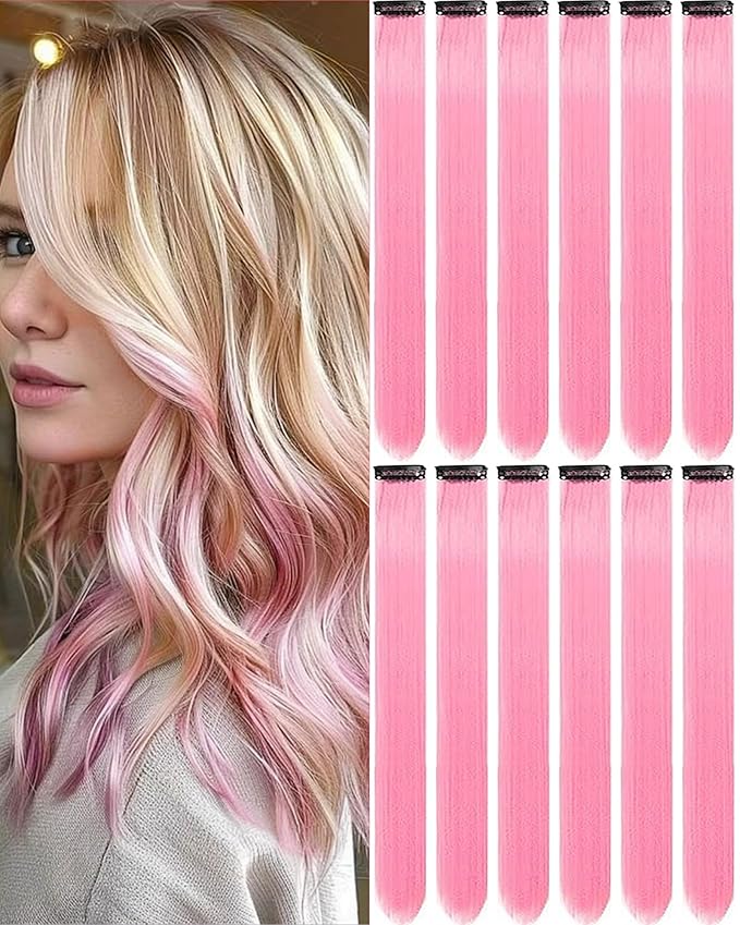 12 PCS Pink Hair Extensions Clip in, 20 Inch Colored Hair Extensions Party Highlights Long Straight Synthetic Hairpieces for Women Kids Girls Cosplay