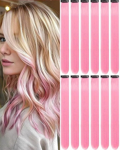 12 PCS Pink Hair Extensions Clip in, 20 Inch Colored Hair Extensions Party Highlights Long Straight Synthetic Hairpieces for Women Kids Girls Cosplay