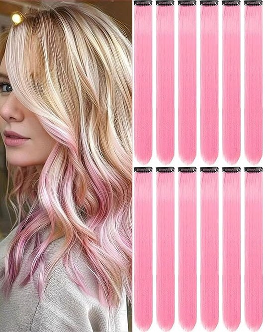 12 PCS Pink Hair Extensions Clip in, 20 Inch Colored Hair Extensions Party Highlights Long Straight Synthetic Hairpieces for Women Kids Girls Cosplay
