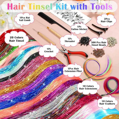 20 Colors Hair Tinsel with Hair Feathers & Colorful Hair Extensions, 48 Inch Sparkle Hair Glitter Strands with Colored Hair Feathers Extensions Kit for Women Girls Kids Party Festival