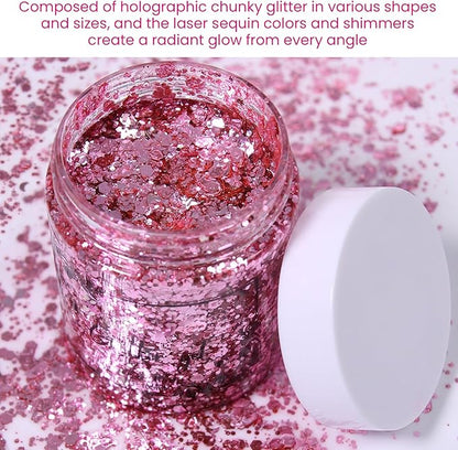 DAGEDA Pink Body Glitter, 100ml Chunky Glitter Rave Accessories for Festival, Face Glitter for Mermaid Makeup, Holographic Hair Glitter for Rave Party Large Capacity Glitter with Tools