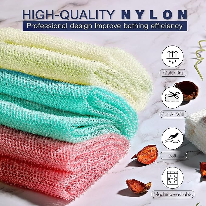 3 Pieces African Net Sponge, African exfoliating net African Net Long Net Bath Sponge Exfoliating Shower Body Scrubber Back Scrubber Skin Smoother（Pink, Green, Off-White）