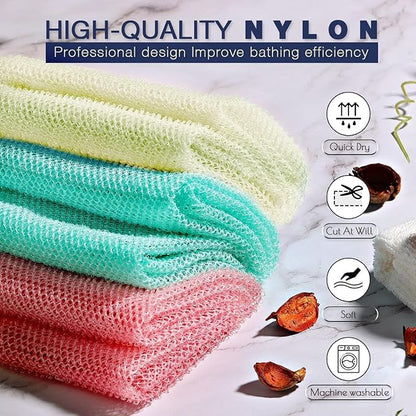 3 Pieces African Net Sponge, African exfoliating net African Net Long Net Bath Sponge Exfoliating Shower Body Scrubber Back Scrubber Skin Smoother（Pink, Green, Off-White）