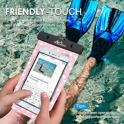 MoKo Waterproof Phone Pouch Holder, Cellphone Case Dry Bag with Lanyard Armband Compatible with iPhone 16 15 14 13 12 11 Pro Max, Samsung S24/S23/S21/S20/S10, Pink dots