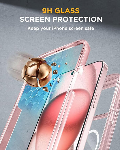 Miracase Glass Series for iPhone 15 Case [Compatible with MagSafe] Full-Body Magnetic Case with Built-in 9H Tempered Glass Anti-Fingerprint Screen Protector + Camera Lens Protector, Transparent Pink