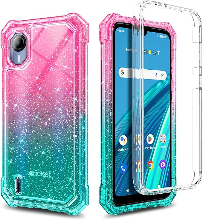 Designed for Cricket Debut S2, AT&T Calypso 4 Case with [Built-in Screen Protector] [6FT Military Grade Drop Tested] Full-Body Protective Shockproof Bumper Case (Glitter Pink/Aqua)
