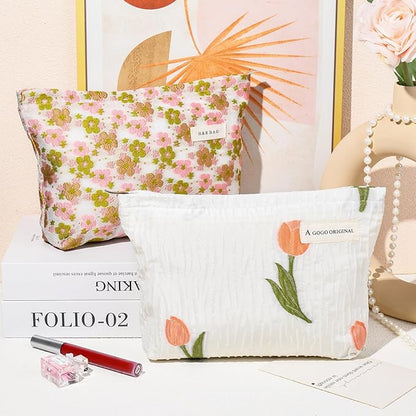 2 Pieces Flower Makeup Bag Large Floral Cosmetic Bag Capacity Canvas Travel Toiletry Bag Organizer Cute Makeup Brushes Aesthetic Accessories Storage Bag for Women, Embossed flower L White Pink