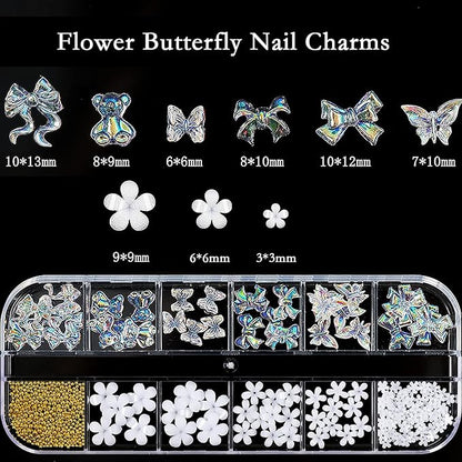 3D Mix-sized Acrylic White Flowers Nail Charms Polar Butterfly Bear Spring Blossom Flower with Starry AB Crystals Rhinestones Pearls Mix Gold for Art DIY Crafting Designs