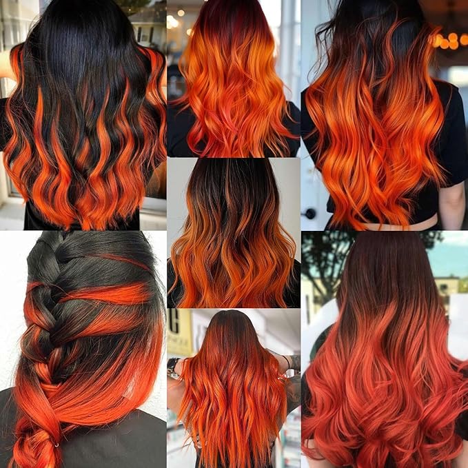 16 Pcs Colored Hair Extensions Curly Wavy Clip in Synthetic Hairpiece Streak for Girls Women Kid, Multi-colors Party Highlights Cosplay Festival Gift(Orange)