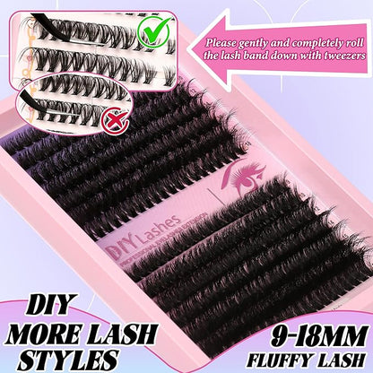 280 Pcs Lash Clusters Extension Kit 80D+60D Cat Eye Lashes Clusters Kit 9-18mm Fluffy Wispy Cluster Eyelash Extensions Kit D Curl Eyelash Clusters Individual Lashes DIY Lash Makeup at Home