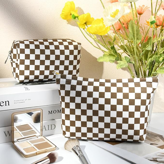 2 Pcs Checkered Makeup Bag Large Cosmetic Bag Toiletry Bag Makeup Pouch Travel Bag Organizer Cute Makeup Brushes Aesthetic Accessories Storage Bag for Women Coffee Brown
