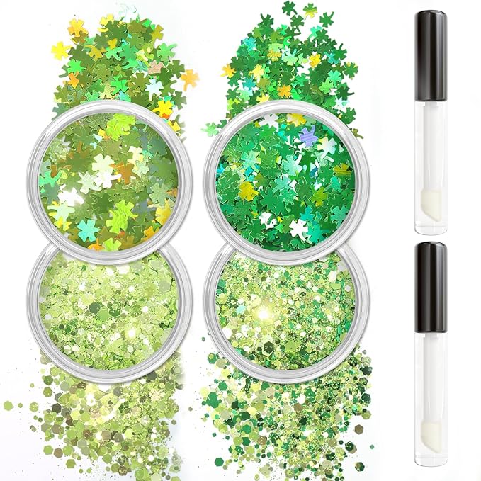 Allstarry Green Body Glitter, 4 Colors Cosmetic Green Face Glitter, Shamrock Face Eyeshadow Makeup Hair and Eye Glitter St Patricks Day Accessories Green Makeup Shamrock Decorations