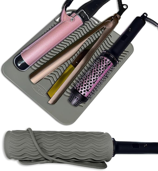 11" X 7.5" Large Size Heat Resistant Silicone Travel Mat for Hair Straighteners, Curling Irons, Flat Irons, Other Hair Styling Tools, Portable Silicone Pad Cover for Travel Vanity Salon - Gray
