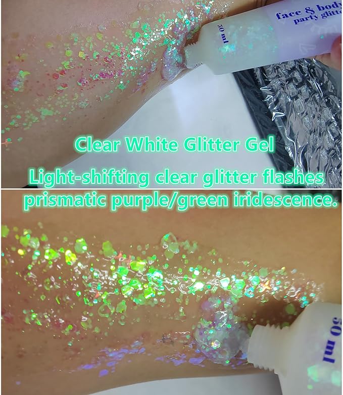 Go Ho Clear White Face Body Glitter,Mardi Gras Festival Rave Outfits for Women&Kids,Holographic Mermaid White Face Paint,Halloween Fairy Makeup Chunky Glitter Sequins Gel,Rave Accessories,52g
