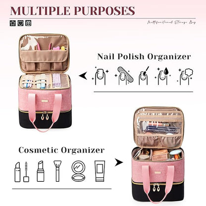 Nail Polish Organizer, Double Layer Nail Organizer and Storage Box Holds 42 Bottles & Nail Tech Kit Supplies, Large Capacity Nail Polish Organizer Case Carrying Bag