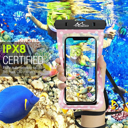 MoKo Waterproof Phone Pouch Holder, Cellphone Case Dry Bag with Lanyard Armband Compatible with iPhone 16 15 14 13 12 11 Pro Max, Samsung S24/S23/S21/S20/S10, Pink dots
