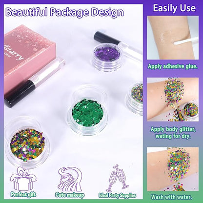 Allstarry Mardi Gras Face Glitter, 4 Colors Chunky Body Glitters Purple Green Gold Face Glitter Eyeshadow Makeup Hair and Eye Glitter Mardi Gras Accessories for Women Mask Balls Street Parties