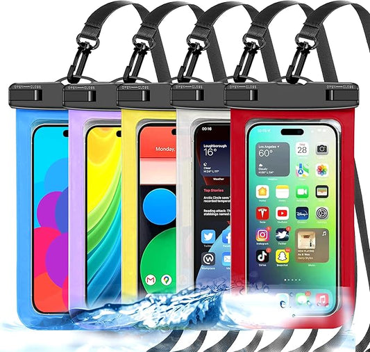 5 Pack Multicolor Universal Waterproof Phone Pouch, Large Phone Waterproof Case Dry Bag (Protection Level: IP68) Outdoor Sports for Apple iPhone,Samsung,and up to 7.5" (White,Blue,Red,Purple,Yellow)