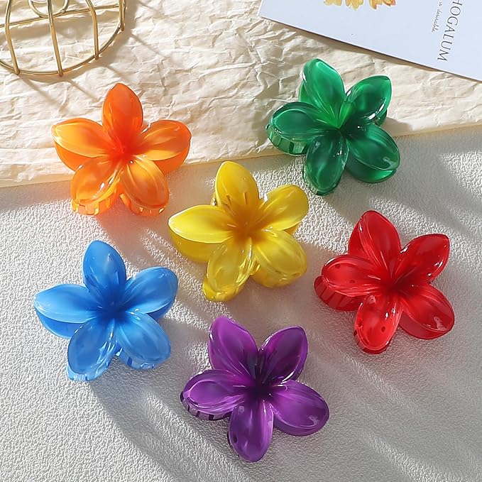 Hawaiian Plumeria Hair Accessories - 6 Pack Large Claw Clips for Thick and Thin Hair, Beach Tropical Hair Clips for Women and Girls