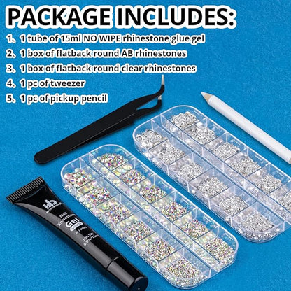 Nail Art Rhinestone Glue Gel&2 Boxes Flatback Gems Kit, 1 Tube of 15ml Rhinestone Gel Glue(UV/LED Needed)+Crystal AB Gems+Flat-Back Round Glass Clear Gemstones with Pickup Tools