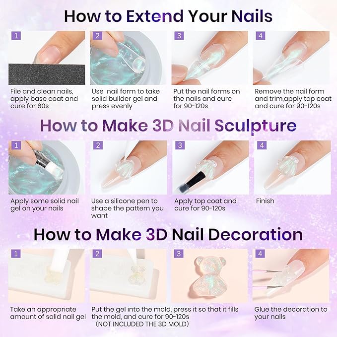 MIZHSE Solid Builder Gel for Nails - 30g/1oz Purple Mermaid Hard Gel for Nails 3D Nail Gel with Nail Forms 3D Sculpting Pen Soak off U V Nail Builder Gel for Nail Extension 3D Nail Art Women