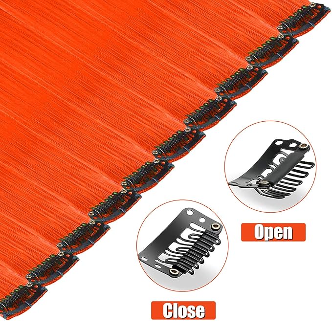 12 PCS Orange Hair Extensions Clip in, 22 Inch Colored Party Synthetic Neon Highlights Extensions, Rainbow Hair Accessories for Girls Women Kids Hair Pieces (Orange)
