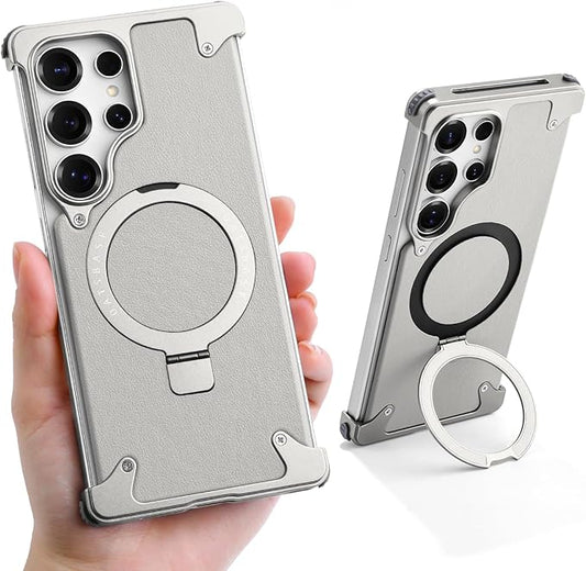 S25 Ultra Case Leather Magnetic with Ring Kickstand, Frameless for Samsung Galaxy S25 Ultra Case for Magsafe, Slim Drop-Proof Protective S25Ultra Cover for Men Women 6.86 Inch, Gray