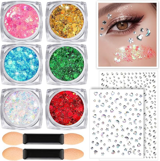 Teenitor Body Glitter Face Glitter Hair Glitter Gel, 6 Colors Body Glitter for Women, Self Adhesive Face Gems Face Rhinestones for Festivals Concerts Rave Glitter