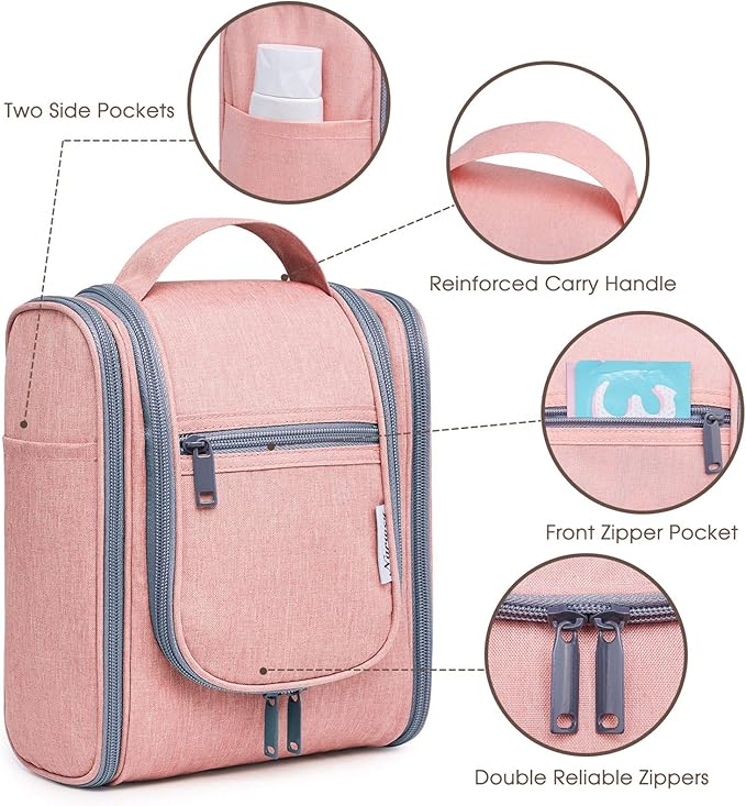 Narwey Small Hanging Toiletry Bag Women Travel Makeup Bag Organizer Toiletries Bag for Travel Size Essentials Accessories Cosmetics (Medium, Pink)