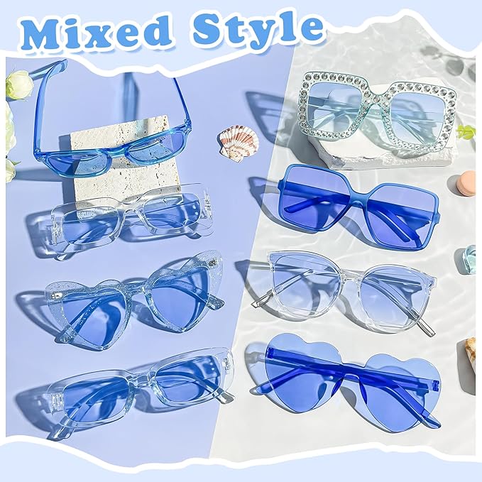 Pibupibu 8 Pack Pink Sunglasses for Women Collection Trendy Cute Costume Accessories Eyewear Set (Transparent/Solid/Mix)