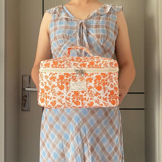Orange Large Quilted Floral Makeup Bag Cute Soft Coquette Aesthetic Cosmetic Bag Cotton Travel Toiletry Bag for Women